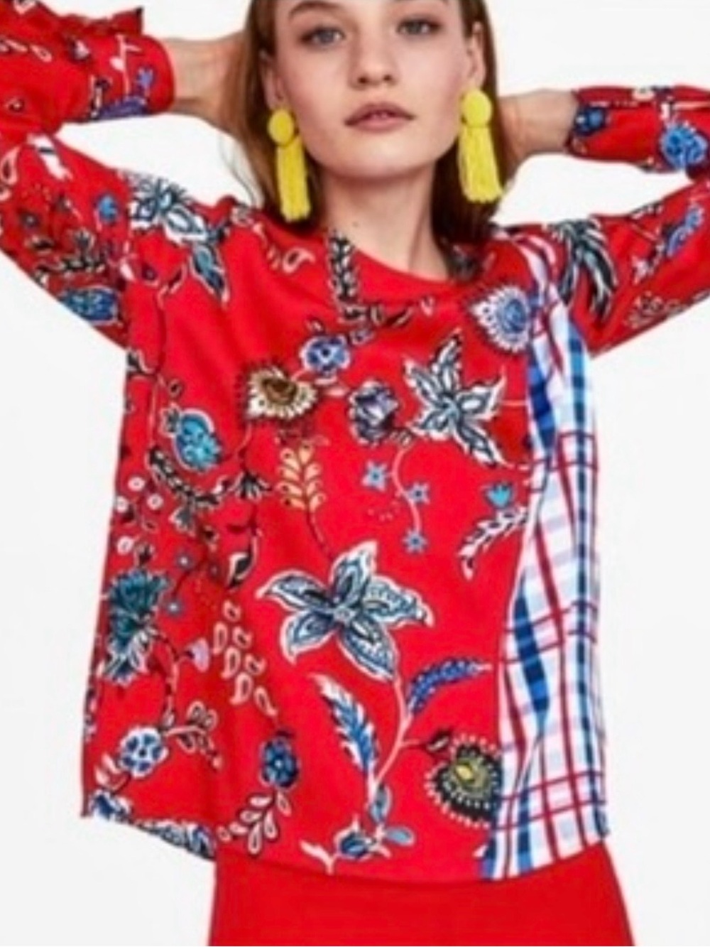 Zara Red Floral and Plaid Blouse